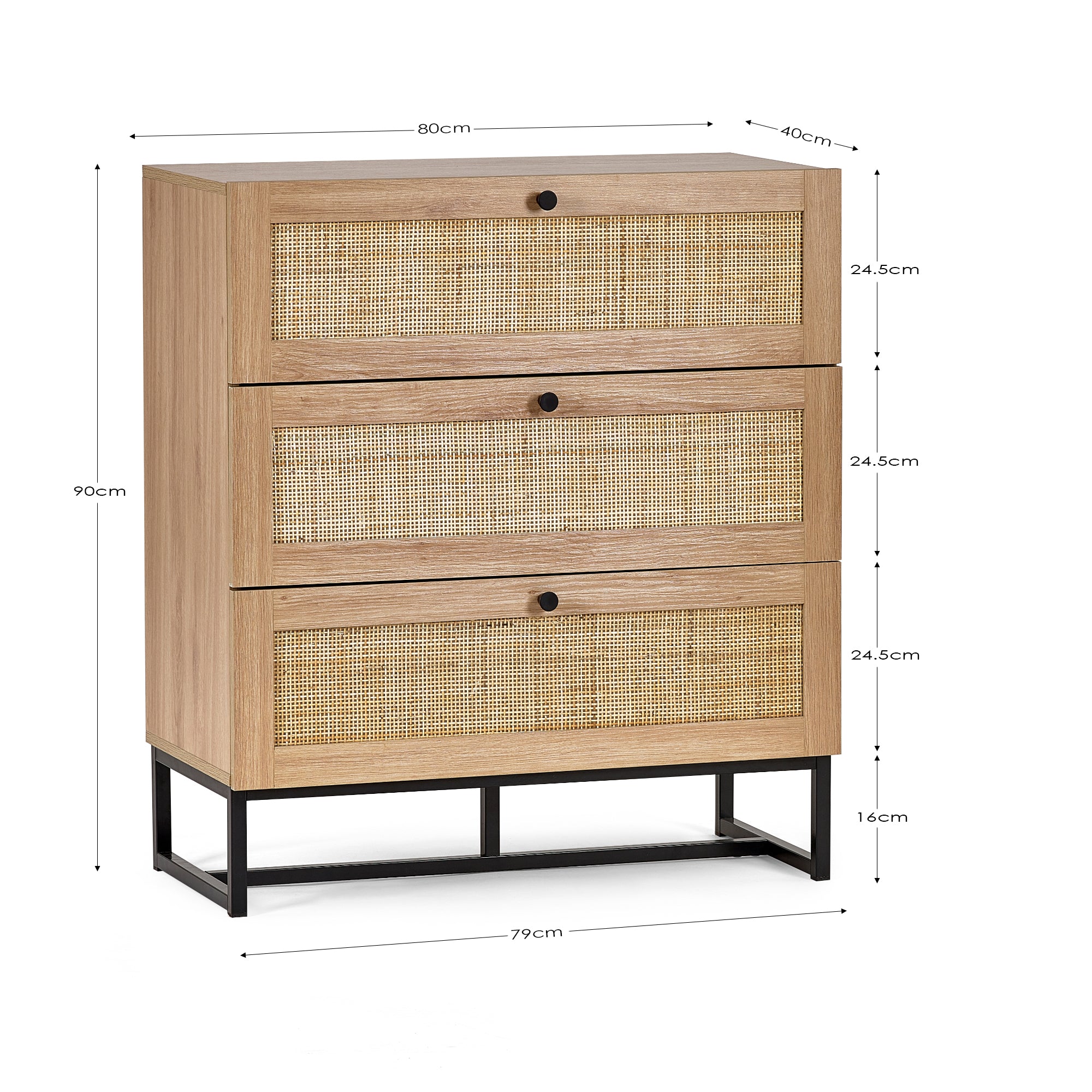 Clermont Oak Wood & Rattan Chest of Drawers | 3 Drawers